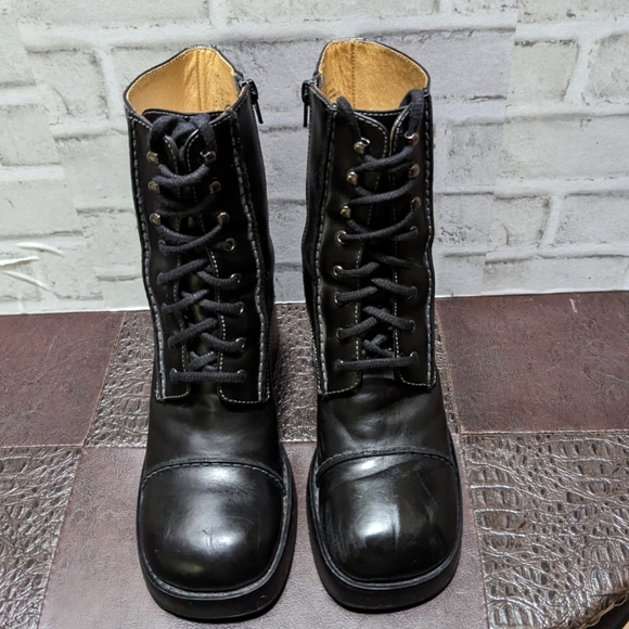 Frye Vintage Y2K Villager Boot Lace Up Zip Stitch 70's Chunky Heel Black Size 9 - Picture 2 of 15